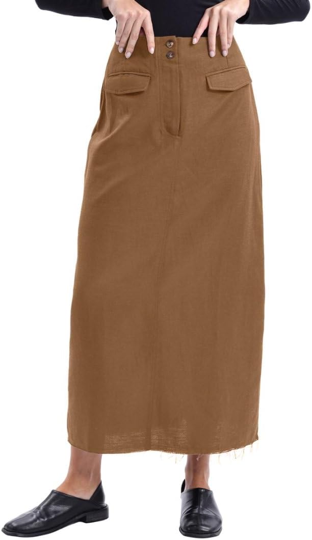 Women's Linen High Waisted Split Raw Hem A-Line Midi Skirts