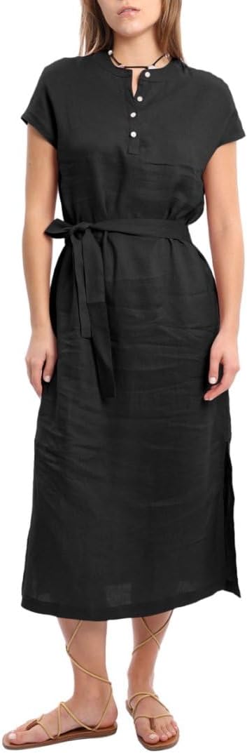 Women's 100% Linen Banded Collar Button Midi Dresses with Slits