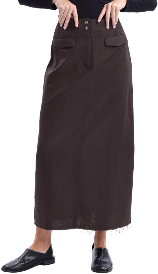 Women's Linen High Waisted Split Raw Hem A-Line Midi Skirts
