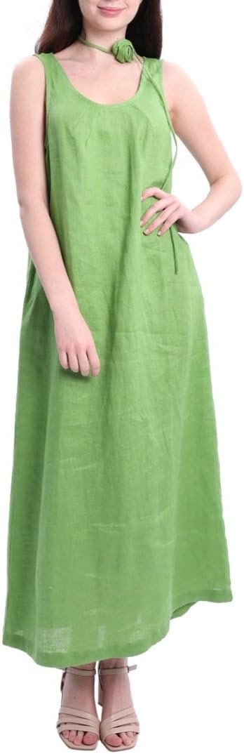 Women's 100% Linen Sleevelesss Maxi Dresses with Flower Belt