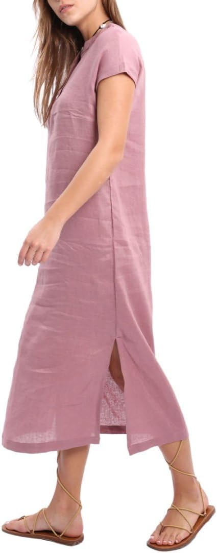 Women's 100% Linen Banded Collar Button Midi Dresses with Slits