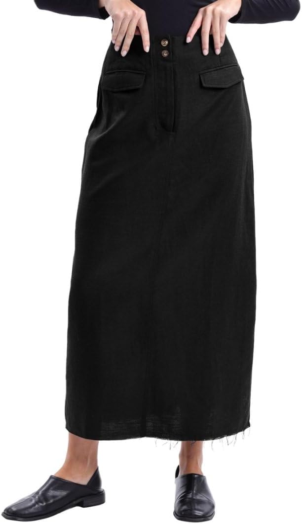 Women's Linen High Waisted Split Raw Hem A-Line Midi Skirts