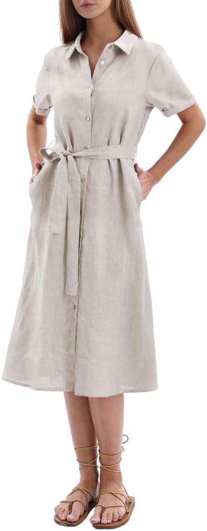 Women's 100% Linen Button Down Midi Shirt Dresses