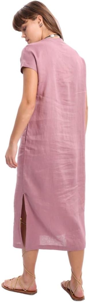 Women's 100% Linen Banded Collar Button Midi Dresses with Slits