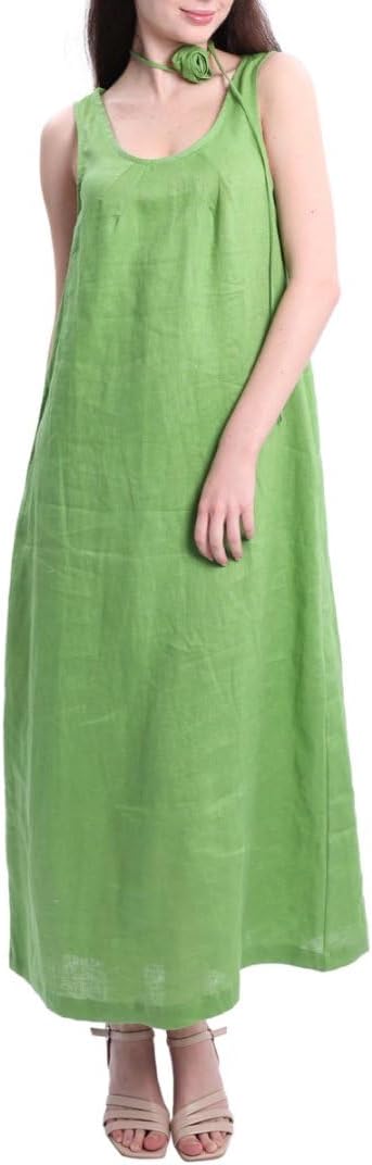 Women's 100% Linen Sleevelesss Maxi Dresses with Flower Belt