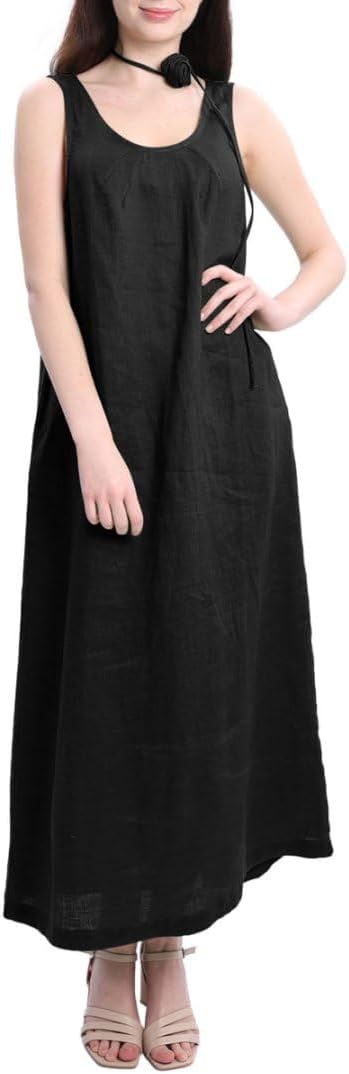 Women's 100% Linen Sleevelesss Maxi Dresses with Flower Belt
