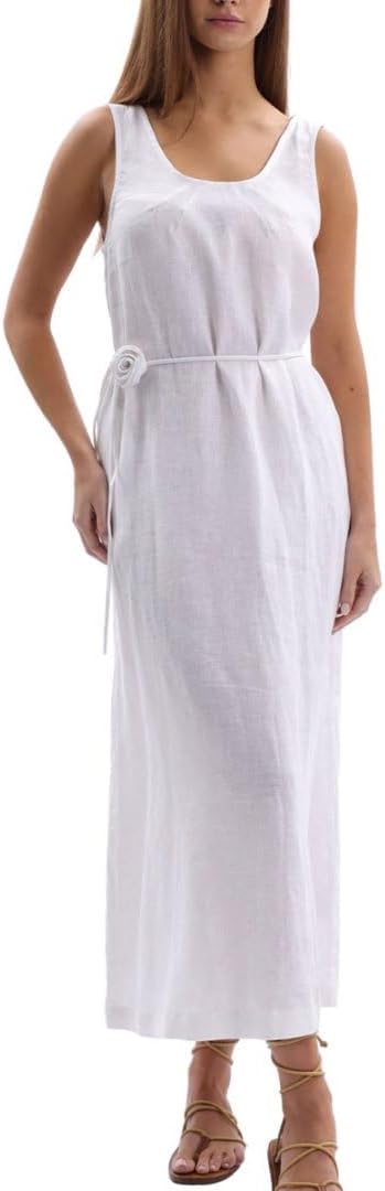 Women's 100% Linen Sleevelesss Maxi Dresses with Flower Belt