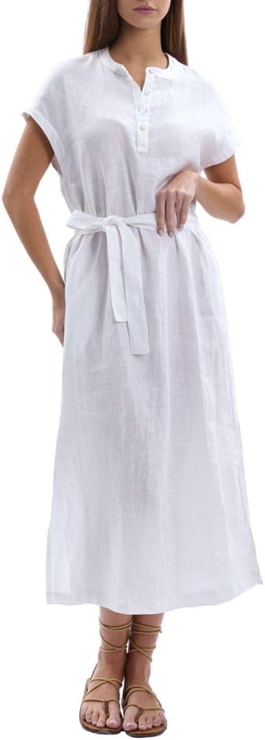 Women's 100% Linen Banded Collar Button Midi Dresses with Slits