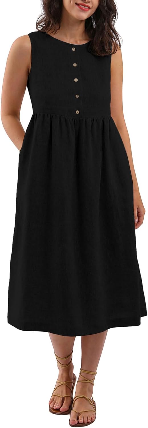 Women's 100% Linen Sleeveless Button Front Pleated Midi Dresses