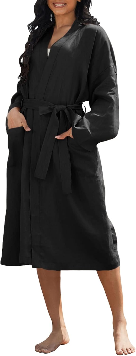 Women's 100% Linen Mid Length Kimono Robes Long Sleeve Bathrobe