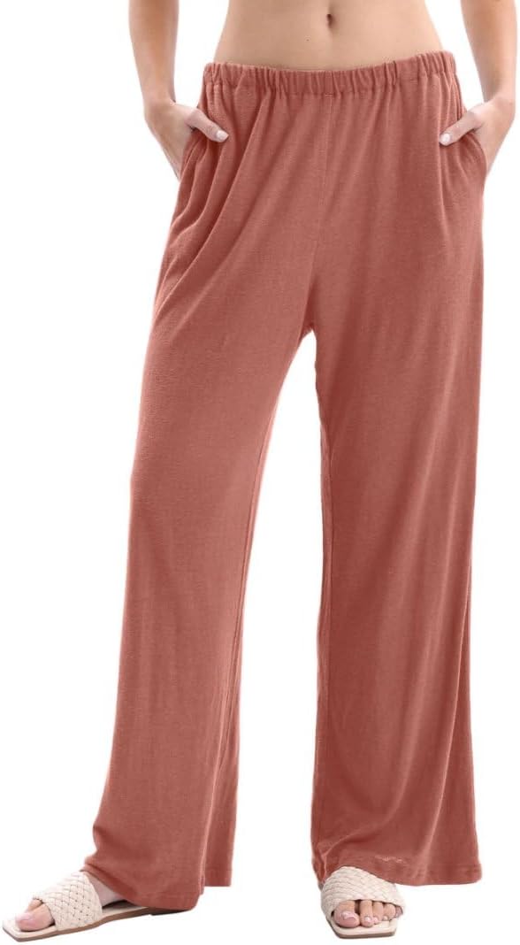 Women’s Linen Knit High Waist Elastic Wide Leg Lounge Pants