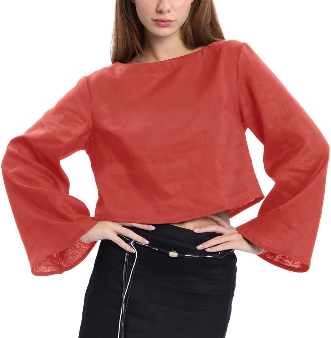 Women's 100% Linen Crop Top Long Sleeve Blouse