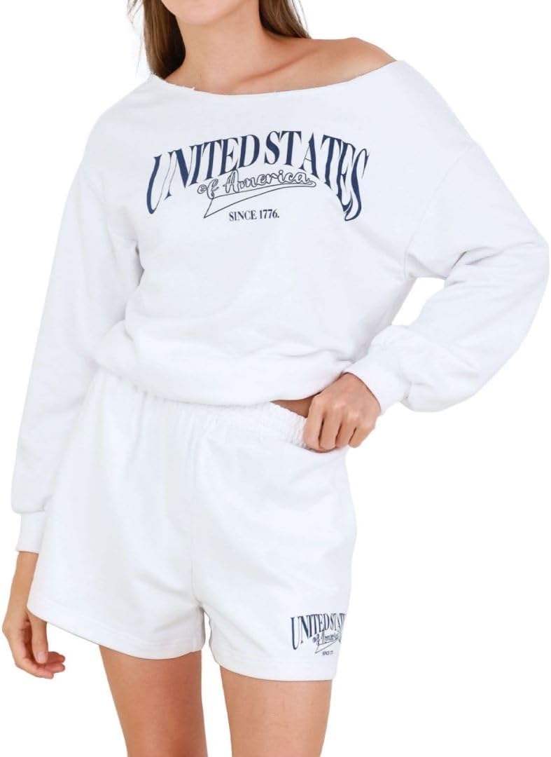Women's Graphic Off Shoulder Sweatshirt and Shorts 2 Piece Set