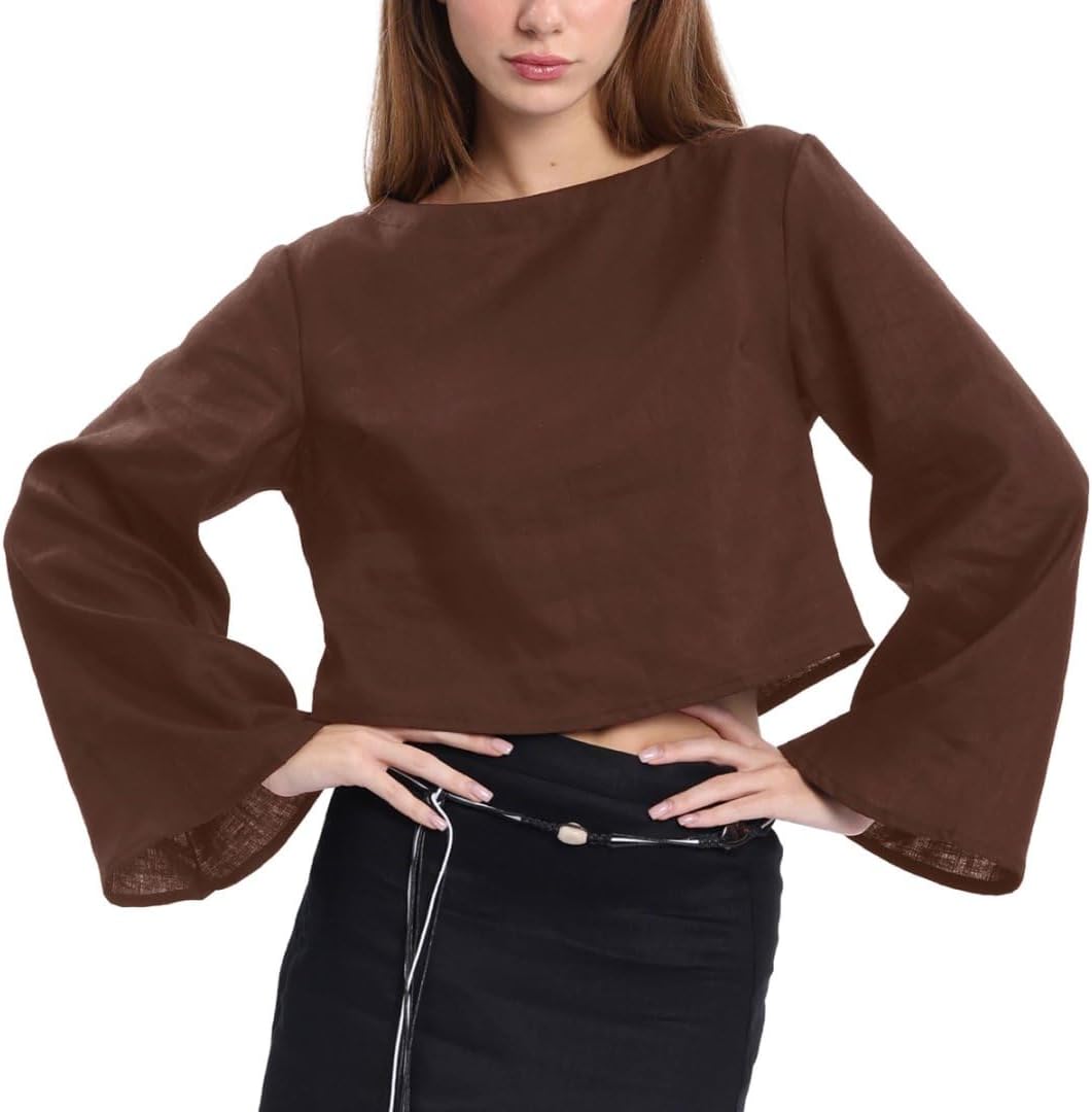 Women's 100% Linen Crop Top Long Sleeve Blouse