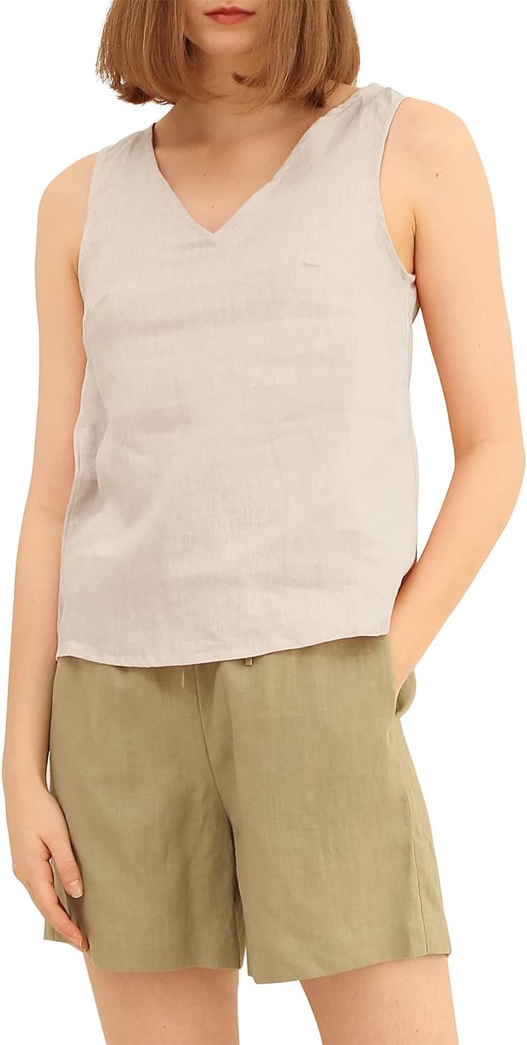 Women's 100% Linen Sleeveless V Neck Tank Tops