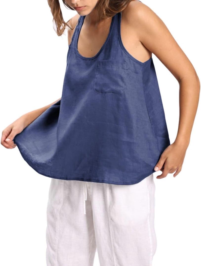 Women's 100% Linen Scoop Neck Sleeveless Racerback Tank Top