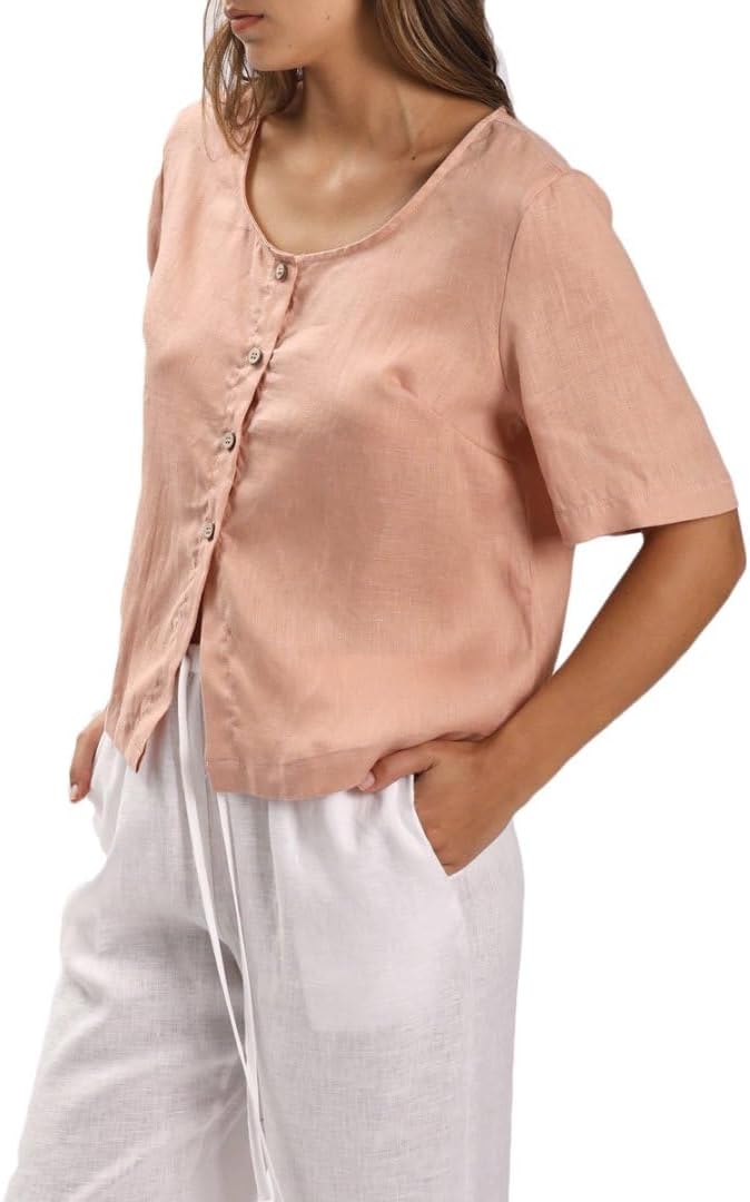 Womens 100% Linen Short Sleeve Blouse Button Down Crop Tops