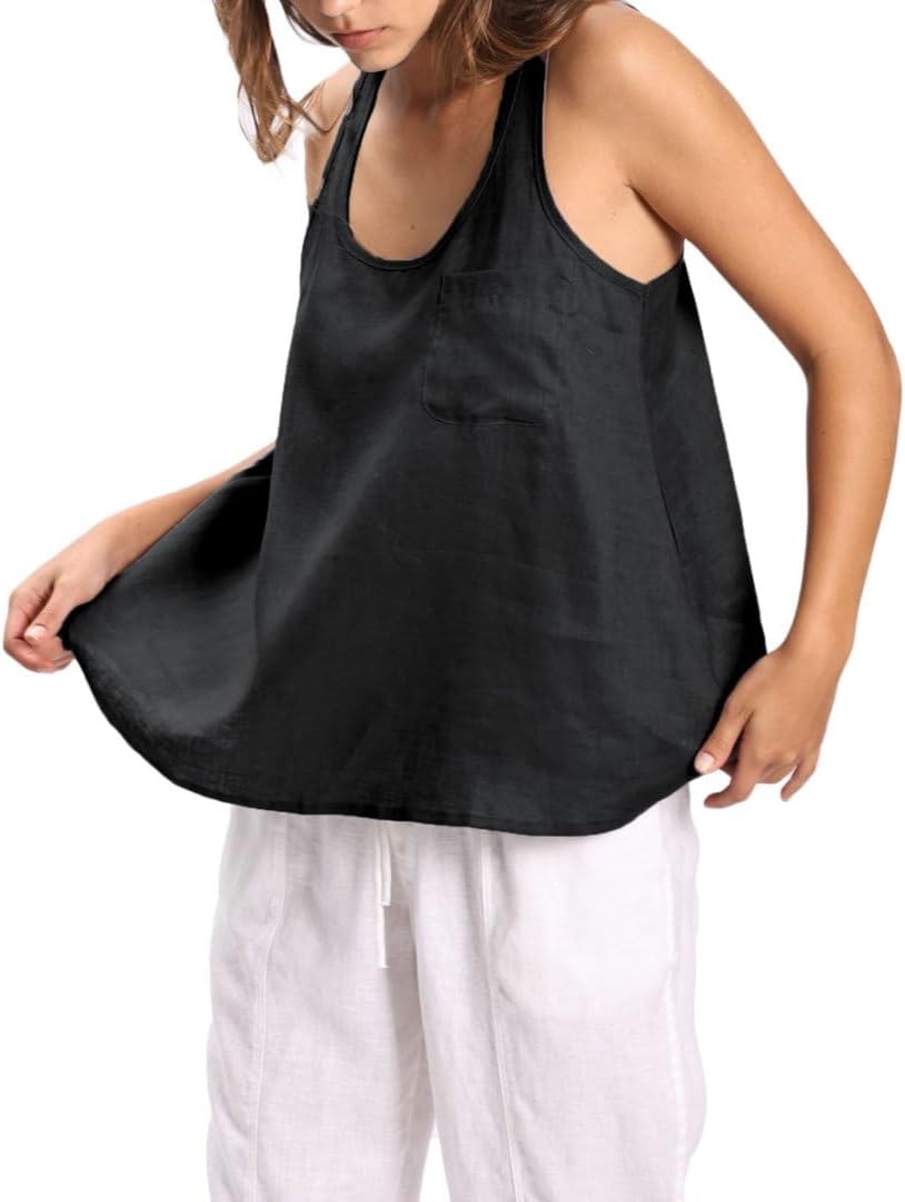 Women's 100% Linen Scoop Neck Sleeveless Racerback Tank Top