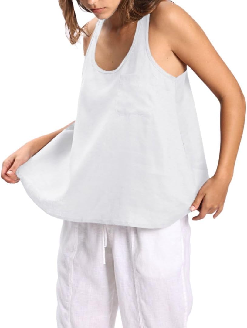 Women's 100% Linen Scoop Neck Sleeveless Racerback Tank Top