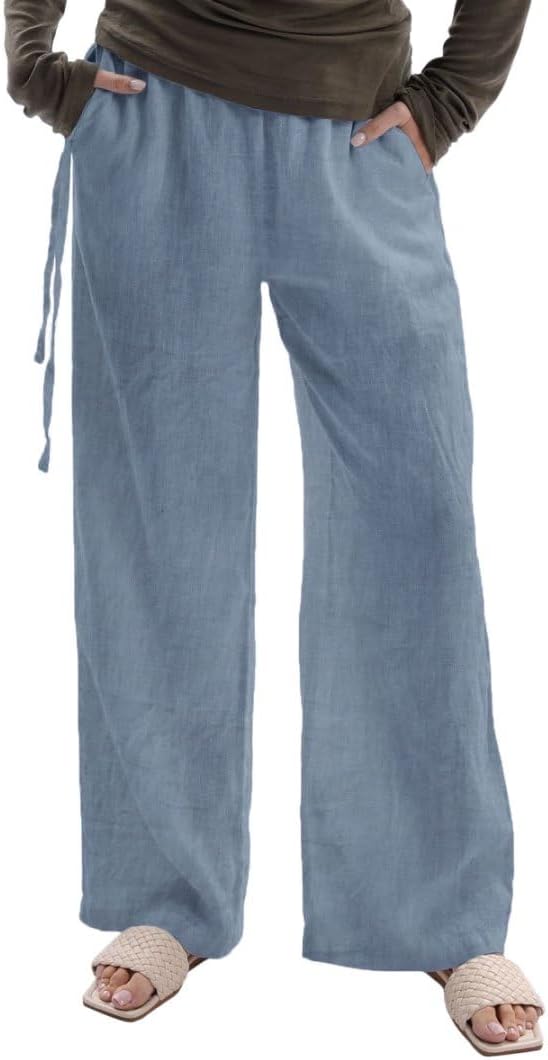 Women's 100% Linen Side Tie Wide-Leg Pants