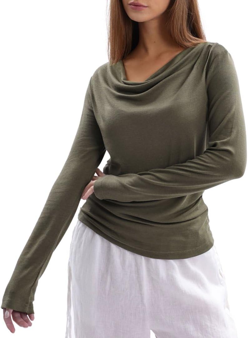 Women's Wool Long Sleeve Cowl Neck Tops Knitted T-Shirt