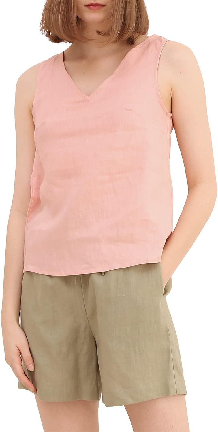 Women's 100% Linen Sleeveless V Neck Tank Tops