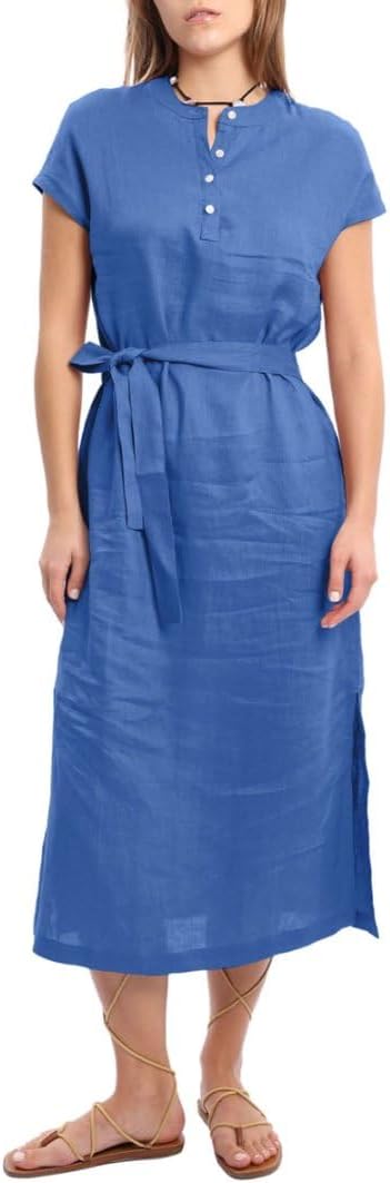 Women's 100% Linen Banded Collar Button Midi Dresses with Slits