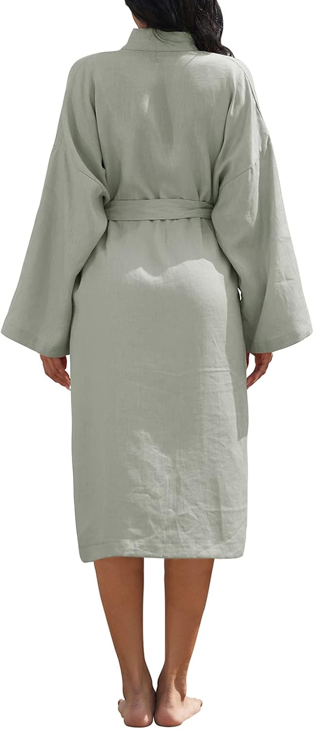 Women's 100% Linen Mid Length Kimono Robes Long Sleeve Bathrobe