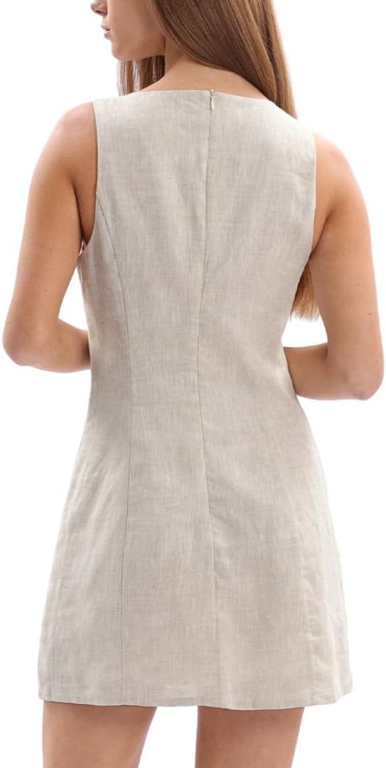 Women's 100% Linen V Neck Tie Front Sleeveless Mini Tank Dress