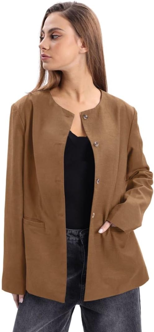 Women's Linen Round Neck Button Up Blazers