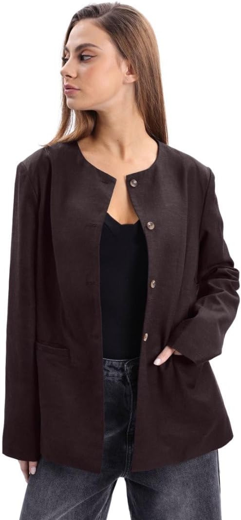 Women's Linen Round Neck Button Up Blazers