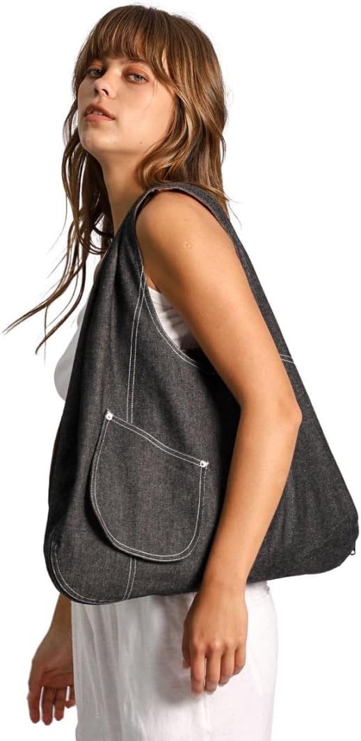 Women's Linen Denim Zip-up Waistcoat Sleeveless Tops Dual-use Hobo Bag