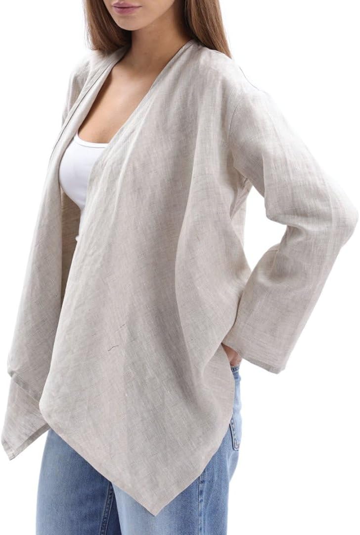 Women's 100% Linen Draped Open Asymmetric Cardigan