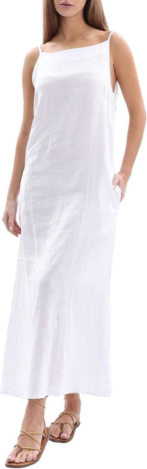 Women's 100% Linen Sleevelesss Black Tie Maxi Dresses