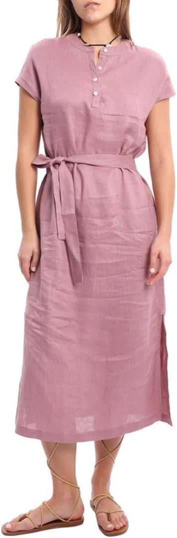 Women's 100% Linen Banded Collar Button Midi Dresses with Slits