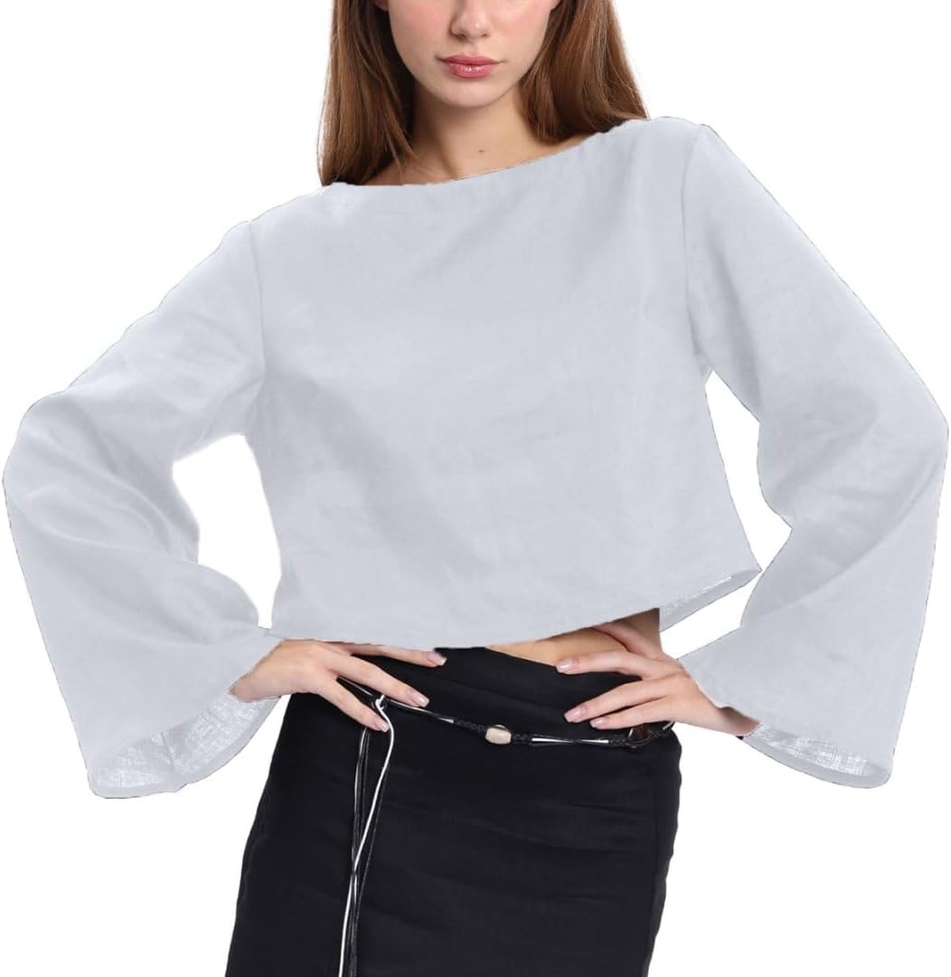 Women's 100% Linen Crop Top Long Sleeve Blouse
