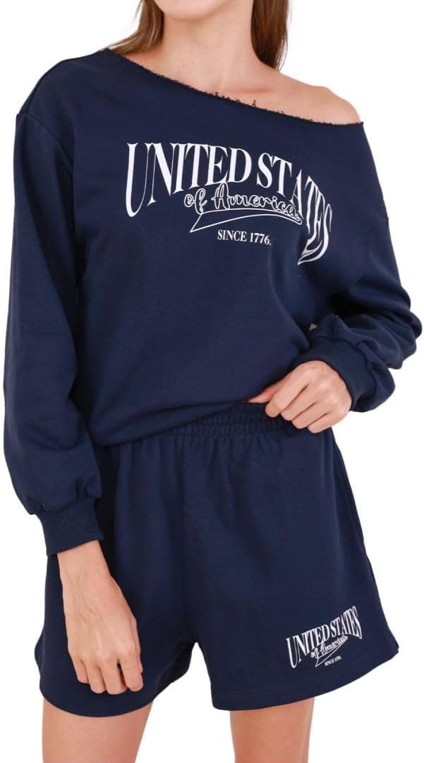 Women's Graphic Off Shoulder Sweatshirt and Shorts 2 Piece Set