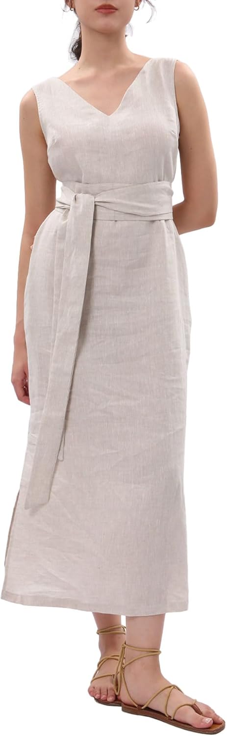 Women's 100% Linen Sleeveless Midi Dresses with Belt