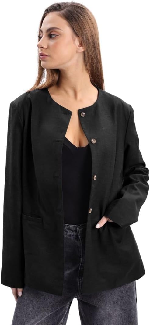 Women's Linen Round Neck Button Up Blazers