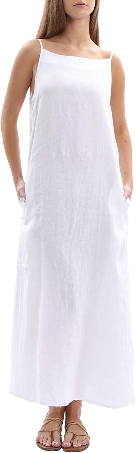 Women's 100% Linen Sleevelesss Black Tie Maxi Dresses