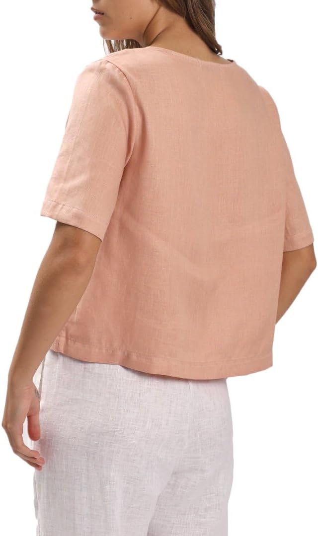 Womens 100% Linen Short Sleeve Blouse Button Down Crop Tops