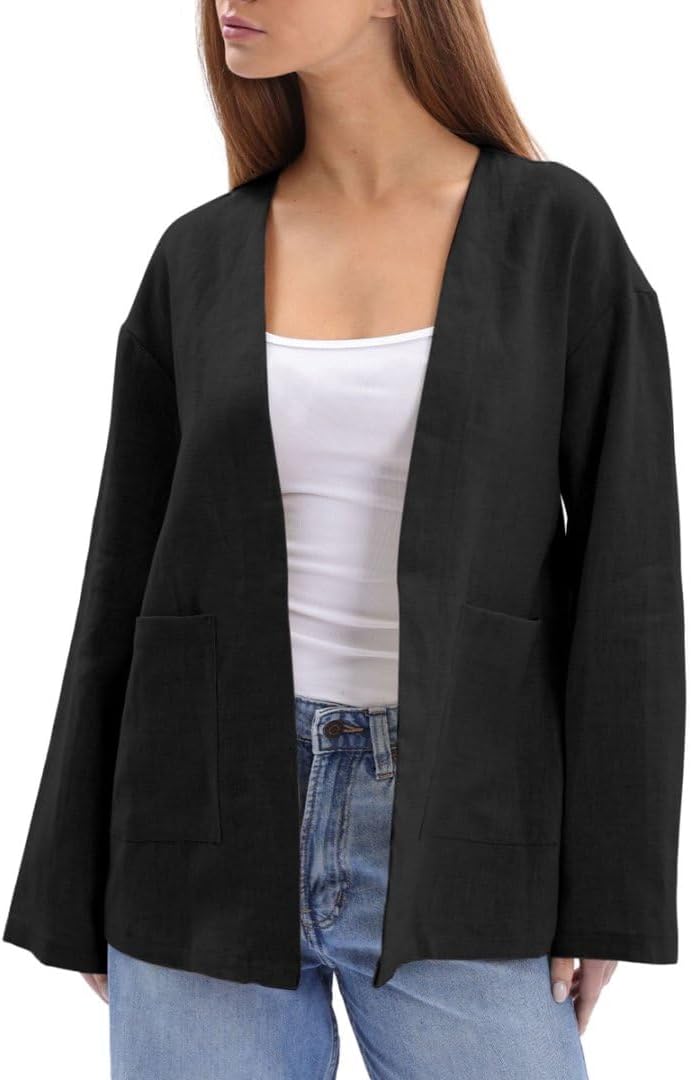 Women's 100% Linen Long Sleeve Open-Front Cardigan