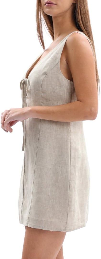 Women's 100% Linen V Neck Tie Front Sleeveless Mini Tank Dress