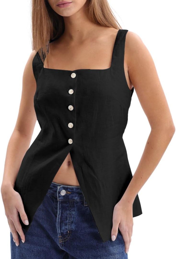 Women's 100% Linen Square Neck Vest Tops Button Up Waistcoat