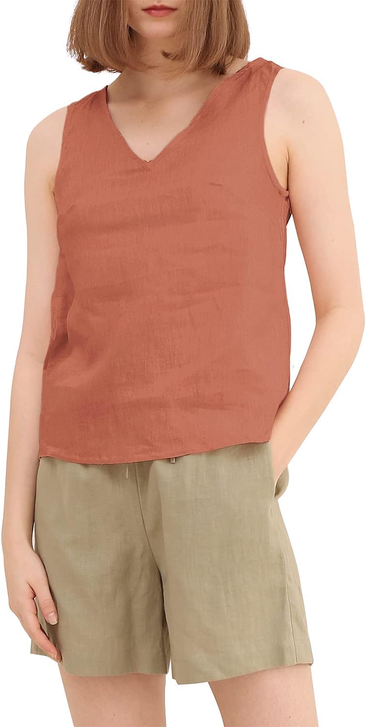 Women's 100% Linen Sleeveless V Neck Tank Tops