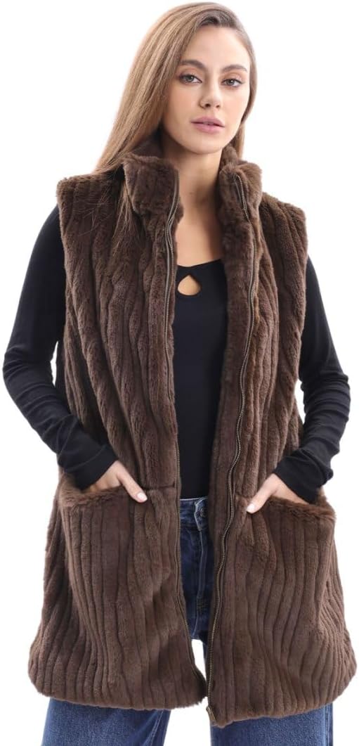 Women's Faux Fur Stand Collar Zip-up Vest