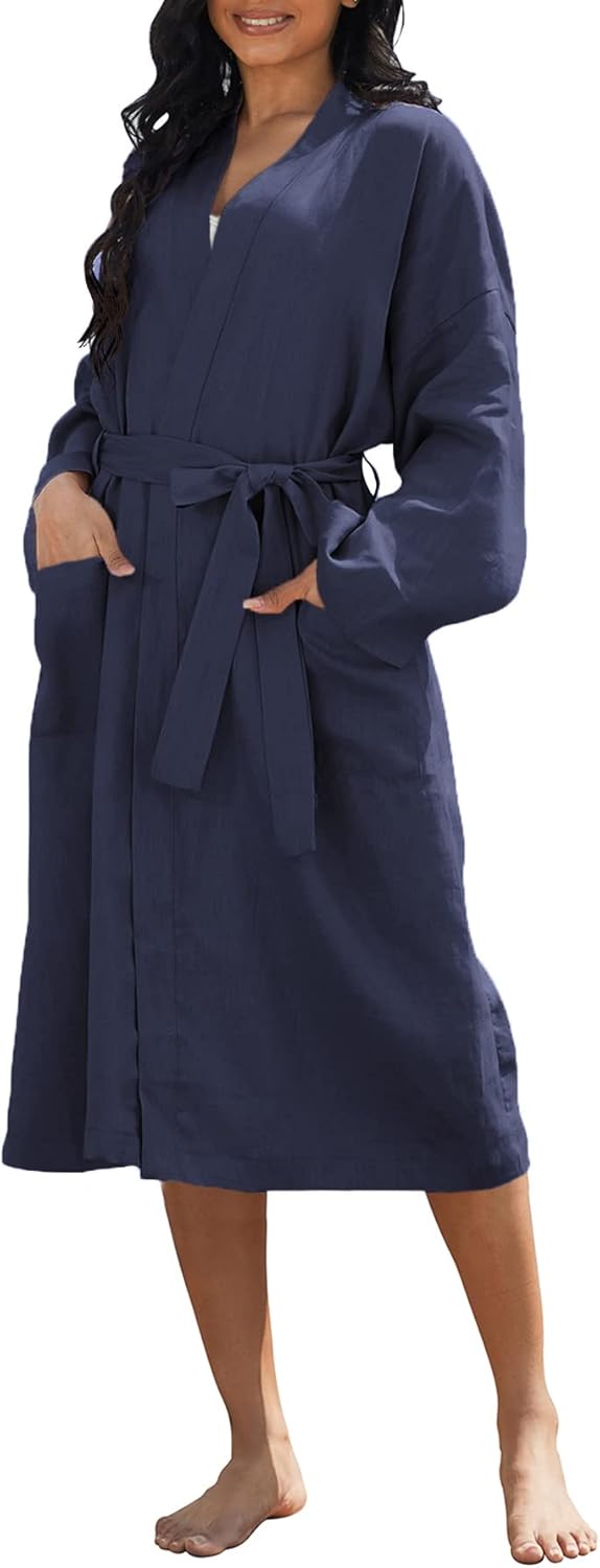 Women's 100% Linen Mid Length Kimono Robes Long Sleeve Bathrobe