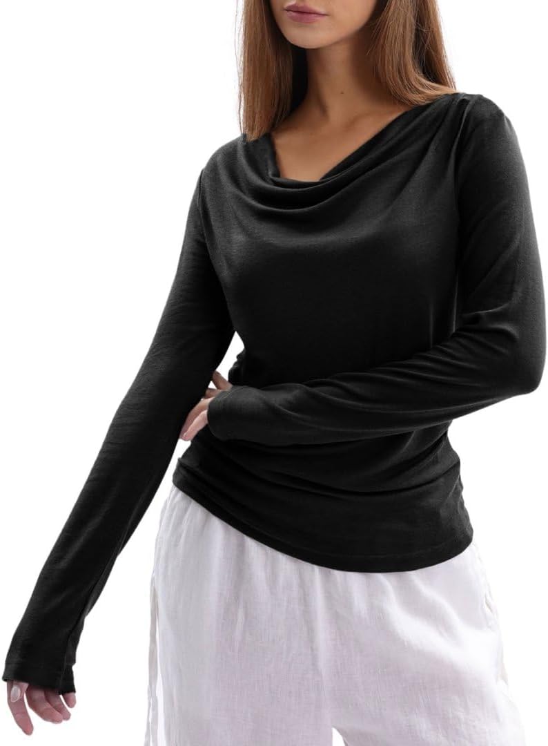 Women's Wool Long Sleeve Cowl Neck Tops Knitted T-Shirt