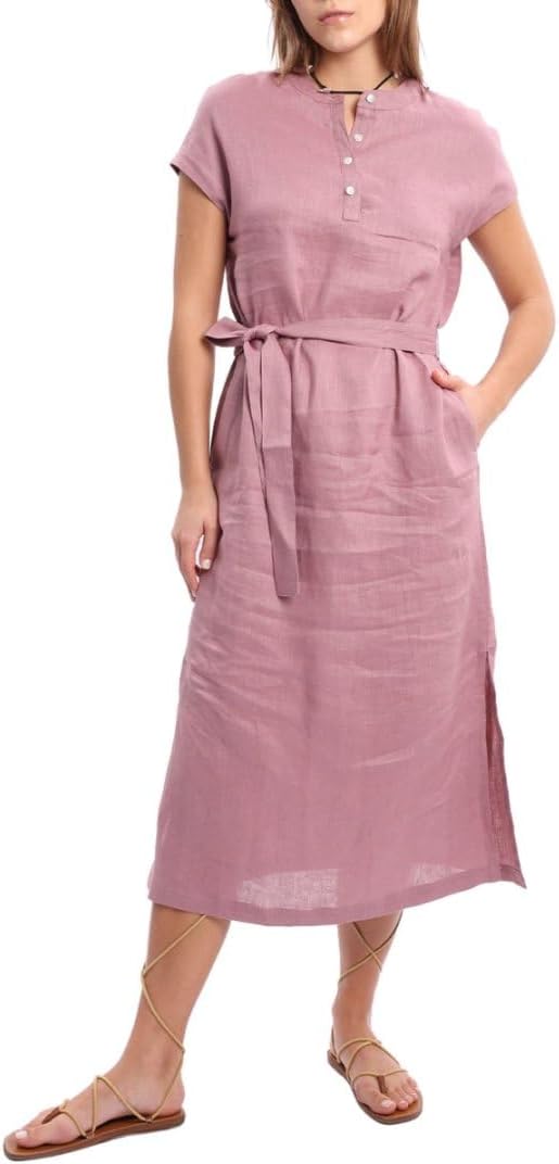 Women's 100% Linen Banded Collar Button Midi Dresses with Slits