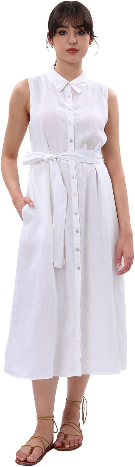 Women's 100% Linen Button Down Midi Dresses